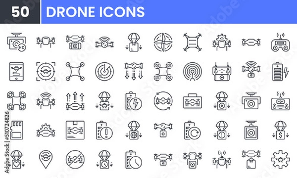 Obraz Air Drone vector line icon set. Contains linear outline icons like Quadrocopter, Propeller, Remote Control, Radar, Camera, Battery, Delivery, Copter. Editable use and stroke.