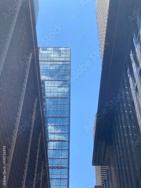 Fototapeta Looking up the sky between the city tower buildings, on a sunny weekday, central downtown Tokyo, year 2022 June 13th