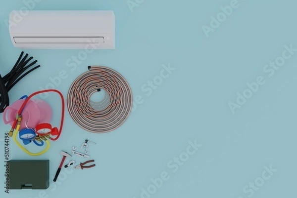 Fototapeta air conditioner mounting tool top view on blue background 3d