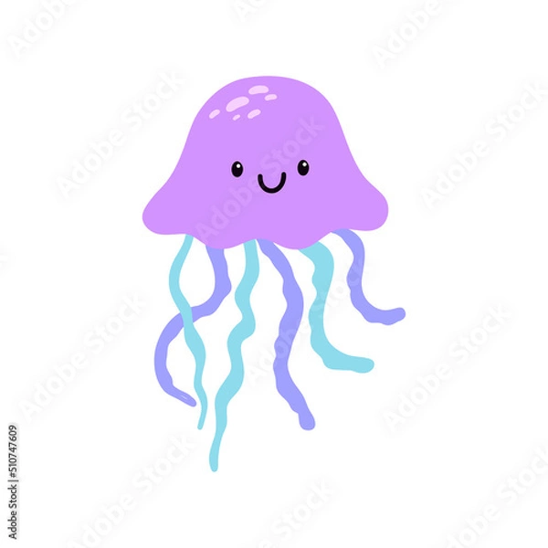 Fototapeta Cute cartoon jellyfish isolated on white background. Vector marine illustration for kids
