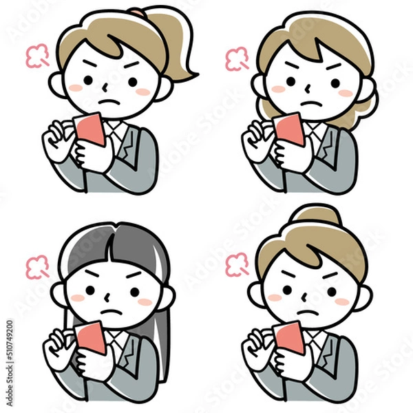 Fototapeta スマホを見て腹を立てる若い女性の上半身セット