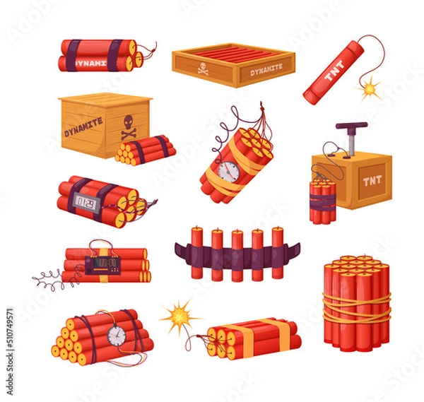 Fototapeta Set of red dynamite sticks and detonator box