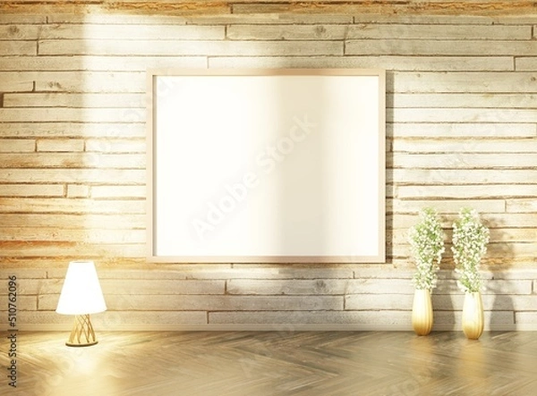 Obraz Empty poster template on the wooden wall with sun light. Flowers and lamp on the wooden floor. 3D rendering.
