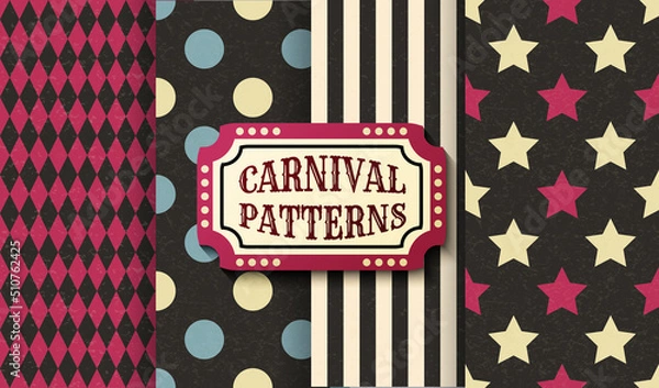 Obraz Set of carnival retro vintage seamless patterns. Textured old fashioned circus wallpaper templates. Collection of vector texture background tiles. For parties, birthdays, decorative elements.