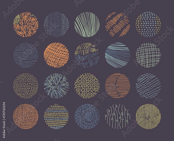 Fototapeta Vector set of round abstract backgrounds. Contemporary concept trend illustration. Patterns of hand drawn curves, lines, points, spots. Doodle icons set for social networks, posters, design templates