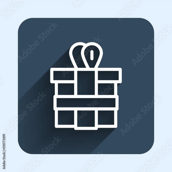 Obraz White line Gift box icon isolated with long shadow background. Blue square button. Vector