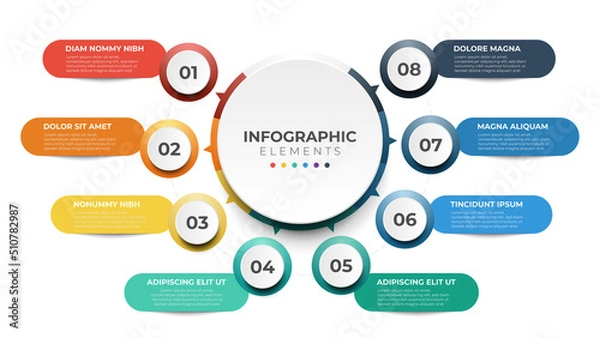 Fototapeta 8 list of steps, layout diagram with number of sequence, circular infographic element template