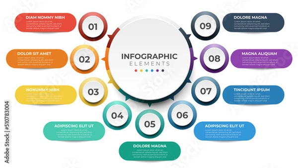 Fototapeta 9 list of steps, layout diagram with number of sequence, circular infographic element template
