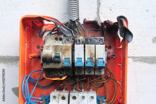 Obraz Burnt switchboard from overload or short circuit. Circuit breakers on fire and smoke from overheating due to poor connection. Dangerous home electrical wiring concept, close up view, selective focus