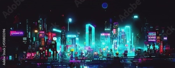 Obraz Cyberpunk neon city street at night. Futuristic city scene in a style of pixel art. 80's wallpaper. Retro future 3D illustration. Urban scene.	