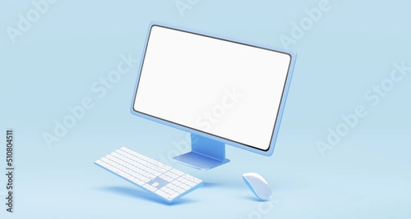 Fototapeta 3d Computer monitor, wireless mouse, keyboard float on blue background. Social media marketing online, e commerce, Website digital store, shop app concept. Desktop mockup blank white screen. 3d render