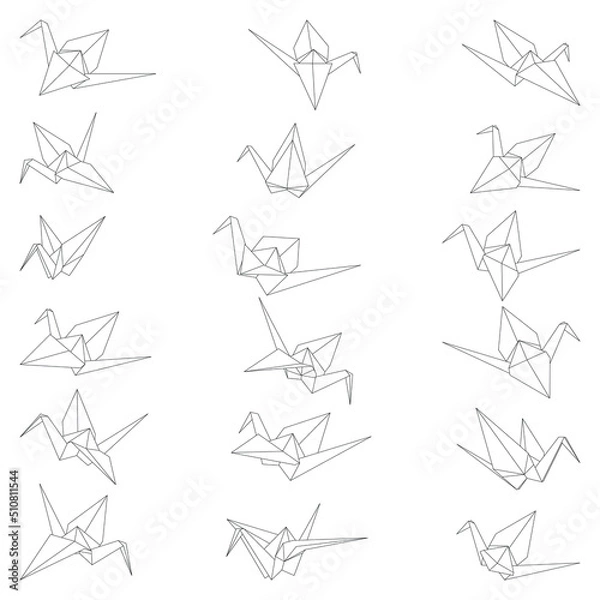 Fototapeta Set of origami crane vector outline illustration icon isolated on white background. Japanese traditional origami crane for infographic, website or app. Geometric line shape for art of folded paper.