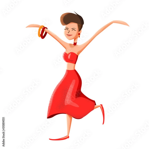 Fototapeta girl in a red dress jumping in excitement, summer vibes, summer outfit