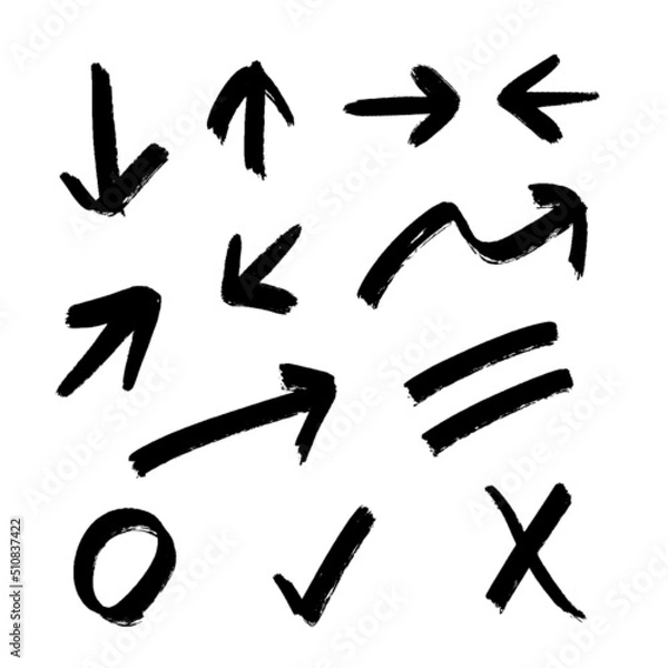 Fototapeta 手書きの黒いラフな複数の矢印とシンプルな記号のセット