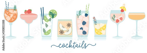 Obraz Set of cocktails. Vector illustration of pretty drinks in different types of glasses. Summer cocktails in different types of glasses for menu, wedding, background, banner, header, website