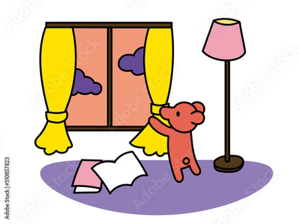 Obraz 窓辺でカーテンをまとめるクマ