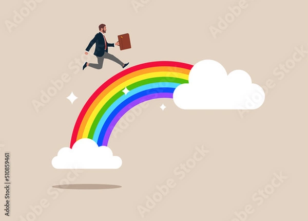 Fototapeta Happy entrepreneur running with suitcase on colorful rainbow in the sky. Inspiration to be success, imagination and creativity to build hope and bright future, positive thinking to find opportunity.