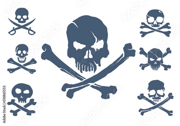 Fototapeta Blue collection of 7 vector skulls You can use these pirate skulls to print on t-shirts, clothes, pirate flags, mugs, pillows, snowboards and other items and things.