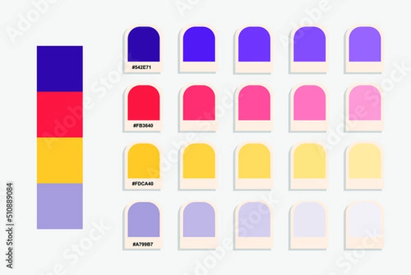 Obraz Purple red yellow grey color palette, summer colors catalogue, design and edit idea, colour matching, rgb pantone colors, harmonious colours palette sample