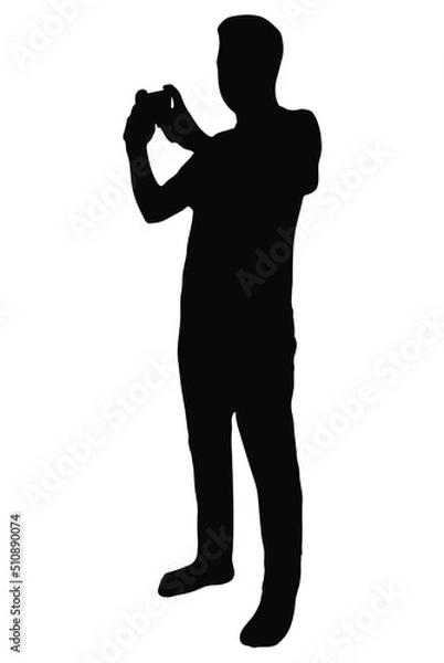 Fototapeta Man taking a photo with mobile phone vector silhouette, isolated on white background, fill with black color, shadow idea, photography concept