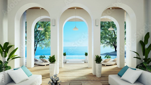 Fototapeta Luxury house and resort on the beach for sea views and living - 3D rendering