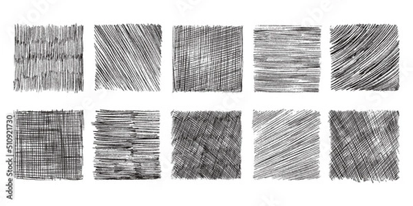 Fototapeta Pencil shaded squares. Pen stroke scribble, hand drawn scrawl sketch texture and line sketched background vector set