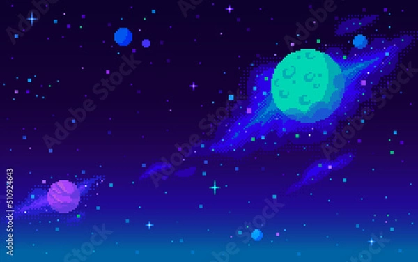Obraz Planets and nebula background in pixel art style