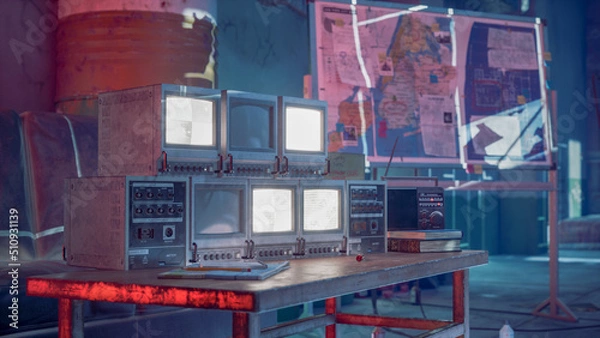Obraz 3D Safe house in Apocalypse with red neon light.3D rendering
