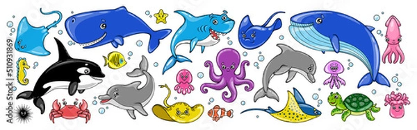 Fototapeta Set of sea animals isolated on a white background. Children's vector illustrations of animal ocean.
