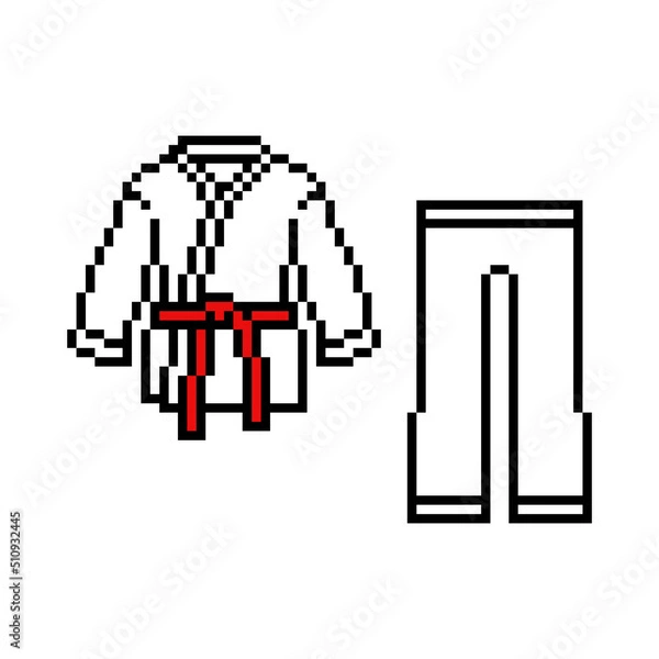 Fototapeta Pixel art karate costume (kimono and pants) isolated on white background. Set of 8 bit martial arts uniform. Old school retro 80's- 90's slot machine, computer, video game graphics. Sensei clothes.