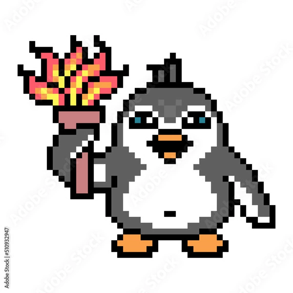 Fototapeta Penguin with a burning torch, pixel art animal character on white background. Old school retro 80's-90's 8 bit slot machine, computer, video game graphics. Cartoon winner mascot. Caveman with fire.