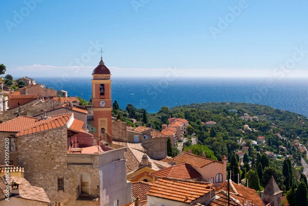 Fototapeta View of the sea and the Cote d'Azur from the fortress of the ancient castle in Roquebrune-Cap-Martin, France on the Mediterranean coast near Monaco. Travel along the Cote d'Azur.