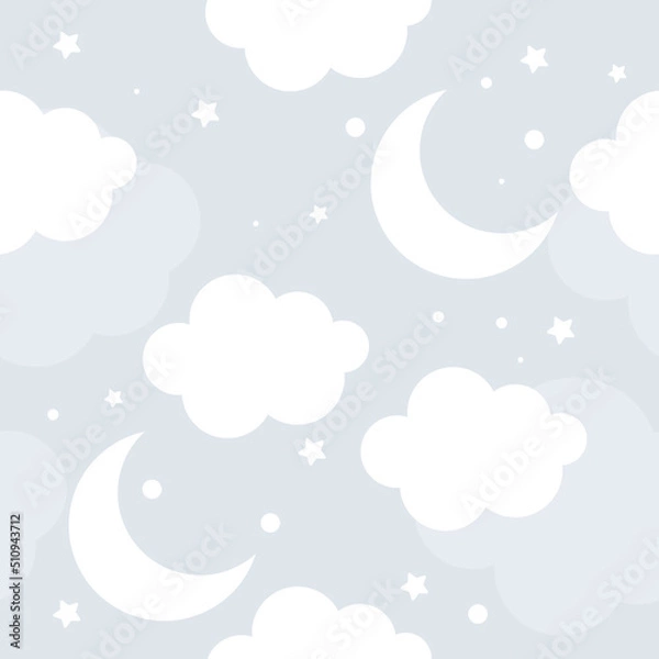 Obraz Vector hand drawn seamless pattern with clouds, stars and moon. On a blue background. Children's 3D wallpaper, textiles, print for clothes.