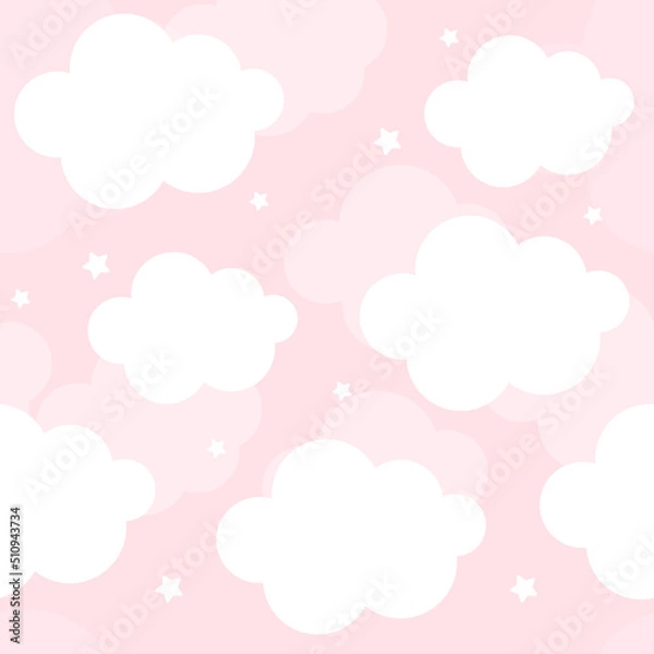 Fototapeta Vector hand drawn modern childrens wallpaper. Airy cute clouds and stars on a pink background. Seamless pattern. Scandinavian style. To decorate a child's room. Wallpaper for a little princess.