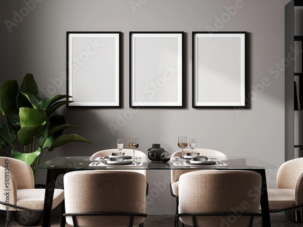 Fototapeta poster three frames mock up in modern dining room interior with black table and chairs and gray wall with sunbeams, minimalist style, scandinavian, 3d rendering