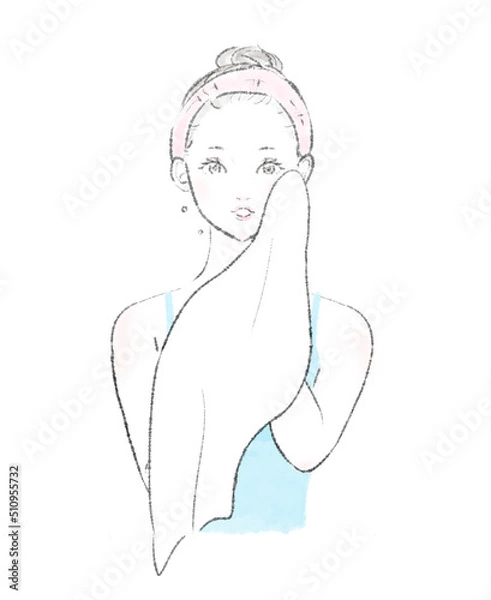 Fototapeta タオルで顔を拭く女性のイラスト	
