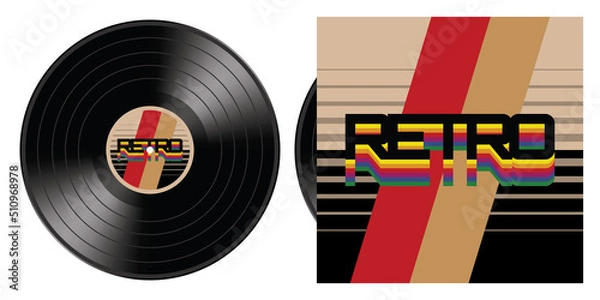 Obraz Black vinyl LP ( analog phonograph record disk ), isolated on white background, with word 'Retro' and stylized art on album sleeve cover and disc label. Vector illustration.