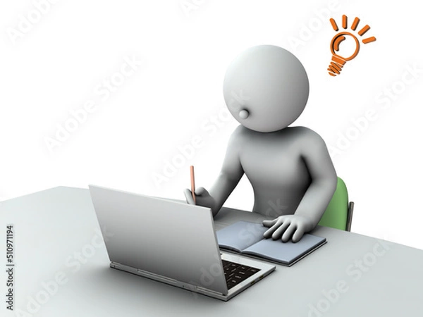 Obraz リモート授業で問題を解く生徒。デスクの上のノートパソコン。教科書とメモ帳。画面を見て理解する。