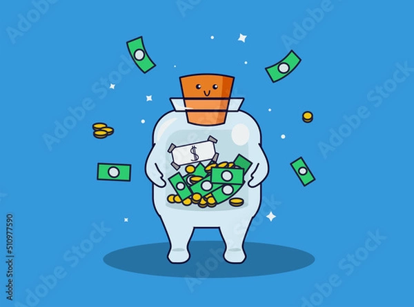 Fototapeta Cute smiling jar with money in flat style. Save money and coins. Vector illustration