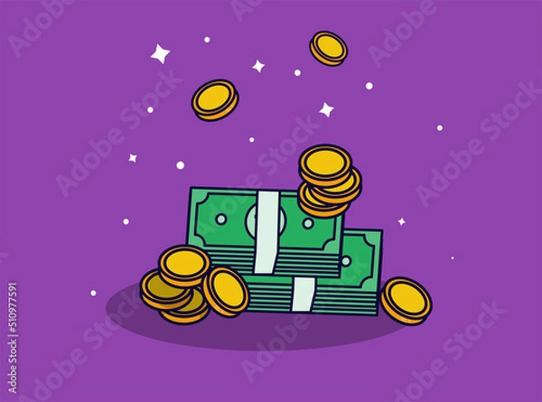 Fototapeta Bundles of money and stacks of coins in flat style. Purple background. Vector illustration.
