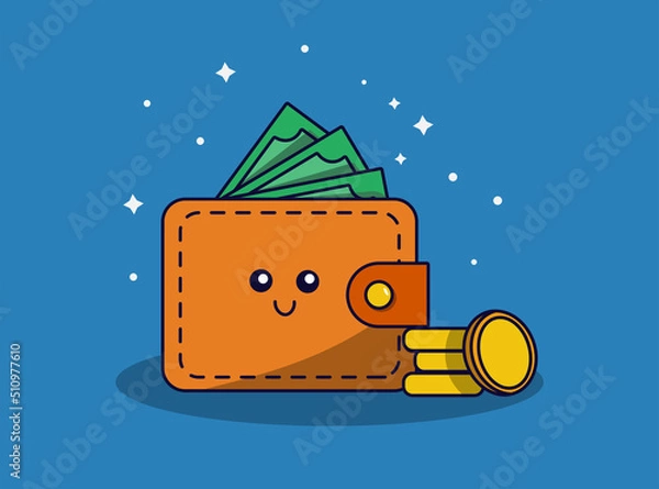 Fototapeta Cute wallet with money and coins in flat style. Vector illustration
