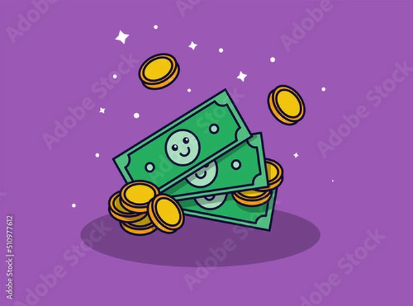 Fototapeta Cute smiling banknotes and coins in flat style. Vector illustration