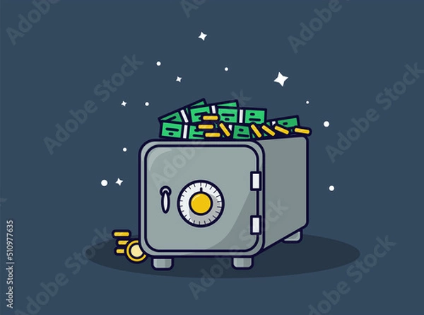 Fototapeta Cute safe with money, coins and stacks of money in a flat style. Vector illustration