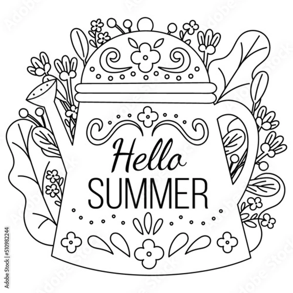 Fototapeta Coloring page. Greeting card for coloring. Hello summer. Black and white vector illustration.