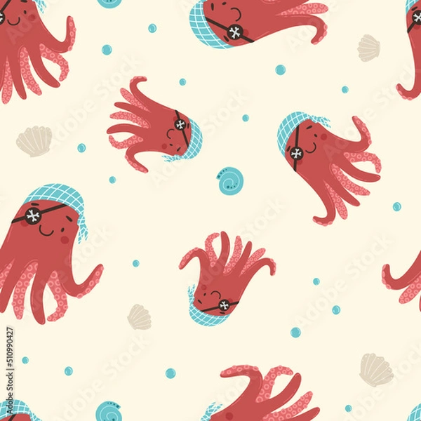 Fototapeta Cute shark and octopus pirate vector seamless pattern. Sea shells and bubbles. Graphic print for baby items