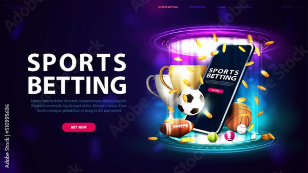 Obraz Sports betting, banner for website with button, smartphone, champion cups, falling gold coins, sport balls and hologram of digital rings in dark empty scene