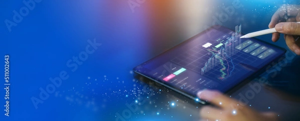Fototapeta Business virtual screen graph chart digital technology and trader online trading investment in stock market for cryptocurrency money and bitcoins using data in blockchain. 3D illustration banner.
