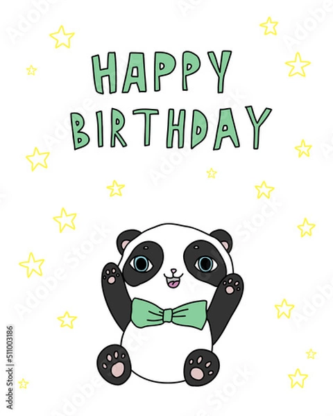 Obraz Cute cartoon funny animal. Happy birthday panda text. Doodle illustration with stars for baby.