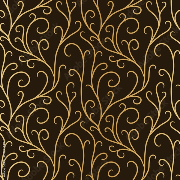 Fototapeta hand drawn smooth line branches seamless pattern, abstract gold botanical elements on dark green royal background