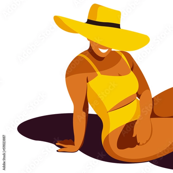 Fototapeta vector image on the theme of summer holidays. beautiful happy curvy plus size girl is sitting on the beach in a yellow swimsuit and sunbathing under a big hat. isolated on white background.